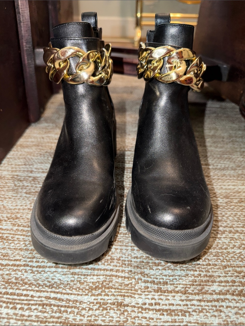 Cape Robbin Black Ankle Boots with Gold Chain Trim